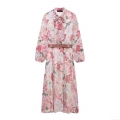 Women's Elegant Floral Print Long Sleeve Chiffon Maxi Dress With Waist Belt Tie Neck Vintage A-Line Long Dress For Ladies Party Casual Streetwear