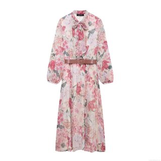 Women's Elegant Floral Print Long Sleeve Chiffon Maxi Dress With Waist Belt Tie Neck Vintage A-Line Long Dress For Ladies Party Casual Streetwear