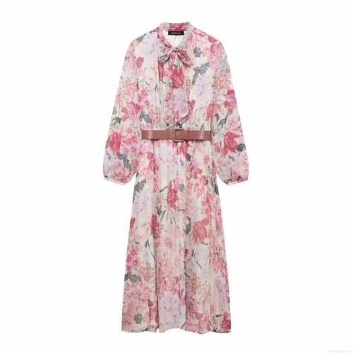 Women's Elegant Floral Print Long Sleeve Chiffon Maxi Dress With Waist Belt Tie Neck Vintage A-Line Long Dress For Ladies Party Casual Streetwear