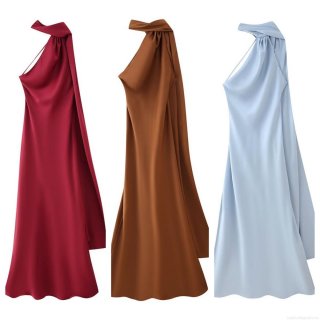 Women Sexy Halter Neck Satin Maxi Dress Sleeveless Backless Side Split Silky Long Dress For Evening Party Cocktail Summer Wedding Guest