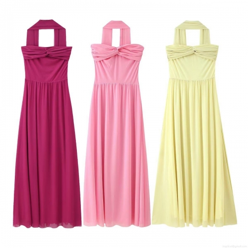 Women Summer Sexy Halterneck Backless Ruched Mesh Maxi Dress Polyester Twist Knot A-Line Flowy Party Vacation Solid Color Long Dress For Lady