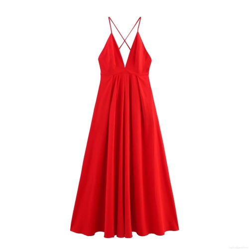 Women Sexy Backless V-Neck Crossover Strap Maxi Dress Elegant Solid Red Sleeveless Street Style Summer Party Long Dress Breathable Slim Fit Gown
