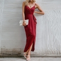 Sexy V-Neck Spaghetti Strap Maxi Dress For Women Summer Backless Side Split Long Wrap Dress Wine Red Knitted Polyester Bodycon Party Evening Vacation Dress
