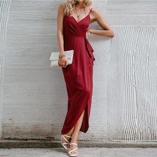 Sexy V-Neck Spaghetti Strap Maxi Dress For Women Summer Backless Side Split Long Wrap Dress Wine Red Knitted Polyester Bodycon Party Evening Vacation Dress