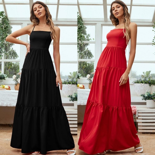 Women's Sexy Backless Tiered Maxi Dress Elegant Cross Back Straps A-line Big Swing Evening Dress Polyester Spandex Summer Vacation Party Sundress for Women