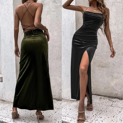 Women's Sexy Velvet Cami Maxi Dress Backless Criss Cross High Side Split Evening Party Vacation Slim Fit Bodycon Long Dress Elegant Summer Gown