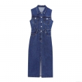 Women's Sexy Denim Sleeveless Maxi Dress Single-Breasted Turndown Collar Slit Hem Slim Fit Denim Jumpsuit Romper Casual Streetwear Long Dress With Pockets