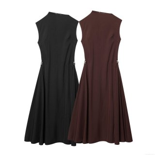 Women's Sleeveless A-Line Maxi Dress 100% Polyester Solid Color Round Neck Casual Street Style Dress With Metal Chain Decoration For Women