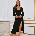 Elegant Maxi Dress Sexy Deep V Neck High Slit Knitted Rayon Spandex Long Puff Sleeve Slim Fit High Waist Bodycon Evening Party Dress For Women Office Lady