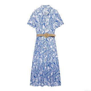 Women's Paisley Printed Eyelet Embroidery Short Sleeve Shirt Maxi Dress With Straw Belt Wooden Buttons Summer Boho Vacation Casual Long Robe