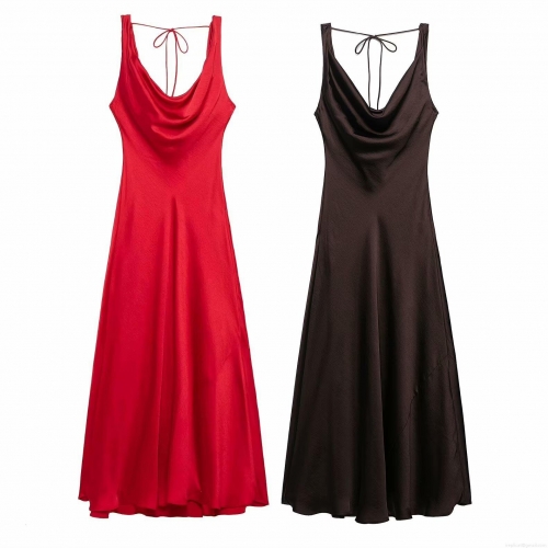 Women's Sexy Satin Cowl Neck Backless Maxi Dress Elegant Lace Up Spaghetti Strap Sleeveless Evening Party Dress for Women