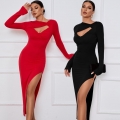 Women Sexy Cutout Twist Front Slim Fit Long Sleeve Maxi Dress Side Slit Knit Bodycon Party Evening Dress Solid Color Rayon Spandex Long Dress