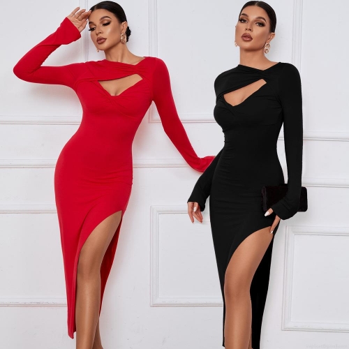 Women Sexy Cutout Twist Front Slim Fit Long Sleeve Maxi Dress Side Slit Knit Bodycon Party Evening Dress Solid Color Rayon Spandex Long Dress