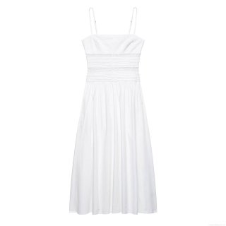 Women's Sexy White Embroidery Hollow Out Camisole Maxi Dress Polyester Lace Pleated Long Dress With Back Zipper For Summer Party Streetwear