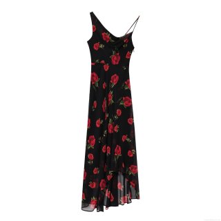 Women Sexy Red Rose Floral Printed Asymmetric Slanted Shoulder Cami Dress Elegant Chiffon Sleeveless High Low Hem Maxi Party Evening Dresses