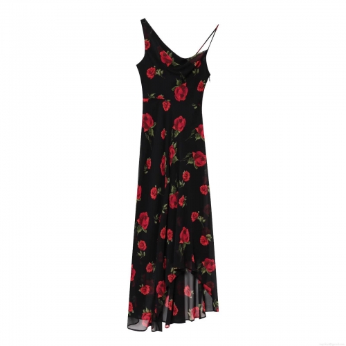 Women Sexy Red Rose Floral Printed Asymmetric Slanted Shoulder Cami Dress Elegant Chiffon Sleeveless High Low Hem Maxi Party Evening Dresses