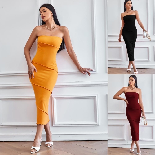 Women Sexy Tube Top Bodycon Maxi Dress Ribbed Knit Sleeveless Tiered Solid Color Long Dress For Summer Beach Party Clubwear Slim Fit Elegant Evening Gown