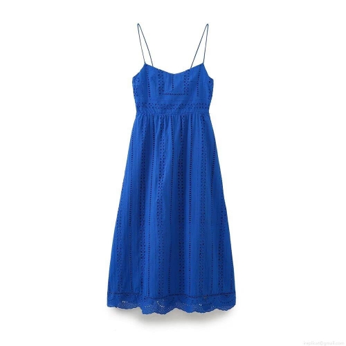 Women's Blue Eyelet Embroidery Spaghetti Strap Maxi Dress Elegant Hollow Out Smocking Back Boho Summer Vacation Sundress A-Line Long Dress For Women