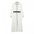 Women's European Style Pleated Long Sleeve Dress With Belt Contrast Piping Lapel Maxi Shirt Dress Elegant Solid White Streetwear Long Dress