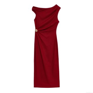 Elegant Women's One Shoulder Maxi Dress With Gold Metal Ring Detail Pleated Bodycon Slit Polyester Party Evening Dress Streetwear Solid Color Dress