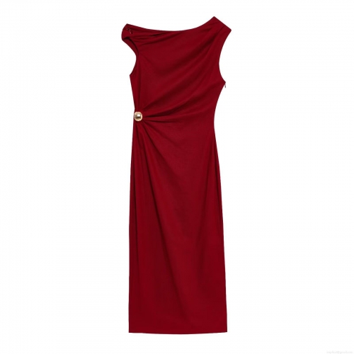 Elegant Women's One Shoulder Maxi Dress With Gold Metal Ring Detail Pleated Bodycon Slit Polyester Party Evening Dress Streetwear Solid Color Dress