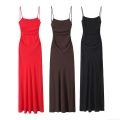 Women's Sexy Ruched Satin Cami Maxi Dress Slim Fit Spaghetti Strap Solid Color Bodycon Long Dress For Party Evening Summer Clubwear