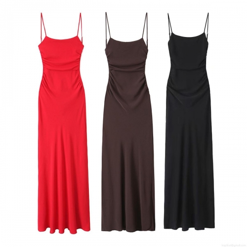 Women's Sexy Ruched Satin Cami Maxi Dress Slim Fit Spaghetti Strap Solid Color Bodycon Long Dress For Party Evening Summer Clubwear