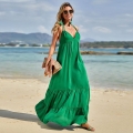 Sexy Green Halter Backless Maxi Dress 97% Polyester 3% Elastane Deep V Neck Tiered Swing Beach Dress For Women Summer Vacation Resort Wear
