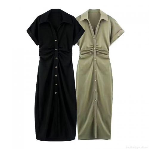 Women's Short Sleeve Lapel V Neck Maxi Shirt Dress Polyester Pleated Waist Button Down Single Breasted Casual Streetwear Long Dresses For Women