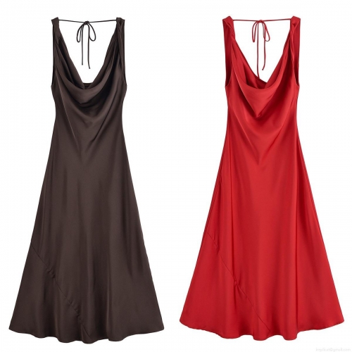 Sexy Backless Satin Cowl Neck Maxi Dress For Women Elegant Lace Up Silk Like Slip Evening Party Long Dress Summer Streetwear