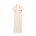 Women Short Sleeve Shirt Maxi Dress Button Down Utility Cargo Dress With Pockets Slim Waist Lapel Collar Apricot Polyester Streetwear Summer Casual Dress