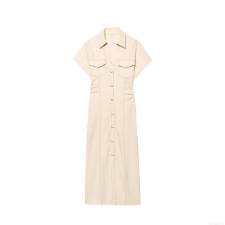 Women Short Sleeve Shirt Maxi Dress Button Down Utility Cargo Dress With Pockets Slim Waist Lapel Collar Apricot Polyester Streetwear Summer Casual Dress