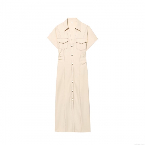 Women Short Sleeve Shirt Maxi Dress Button Down Utility Cargo Dress With Pockets Slim Waist Lapel Collar Apricot Polyester Streetwear Summer Casual Dress