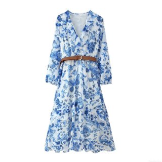 Women V Neck Ruffle Layered Maxi Dress With Belt Floral Printed Long Sleeve A-Line Chiffon Texture Streetwear Summer Vacation Beach Sundress For Women
