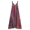 Women's Summer Floral Print V-Neck Slip Maxi Dress Pleated Cotton Blend Slim Fit Sleeveless Sundress For Vacation Street Style Dress