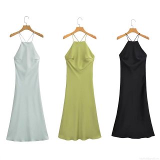 Women Halter Backless Satin Maxi Dress Summer Solid Color Slim Fit Sleeveless Silk Texture Long Dress For Party Vacation Streetwear