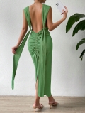 Women's Sexy Backless Halter Neck Ribbed Knit Maxi Dress With Matching Scarf Elegant Slim Fit V Neck Ruched Bodycon Party Evening Dress For Women