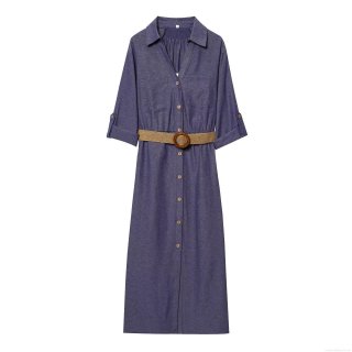 Women's Short Sleeve Shirt Maxi Dress With Belt Button Down Lapel Solid Color Cotton Linen Feel Casual Streetwear Summer Beach Long Sun Dress for Women