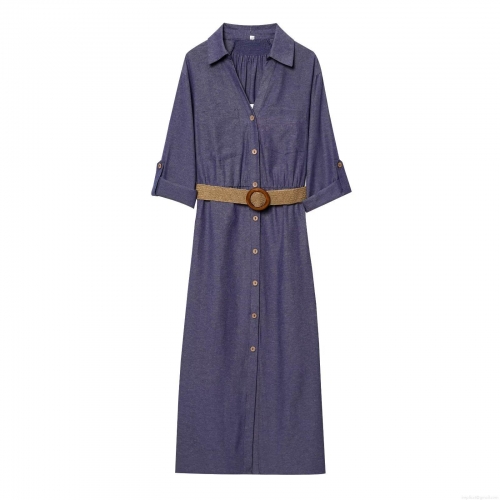 Women's Short Sleeve Shirt Maxi Dress With Belt Button Down Lapel Solid Color Cotton Linen Feel Casual Streetwear Summer Beach Long Sun Dress for Women