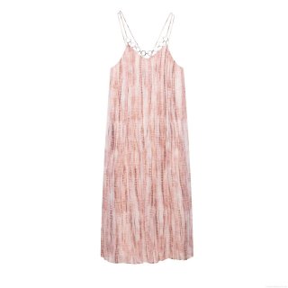 Women's Sexy Tie-Dye Backless Maxi Dress With Metal Rings Decoration V-Neck Sleeveless Pleated Polyester Cami Long Dress For Vacation Party