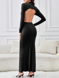 Women Sexy Mock Neck Backless Side Cut-out Long Sleeve Maxi Dress Viscose Elastane Blend Slim Fit Bodycon Evening Party Long Dress