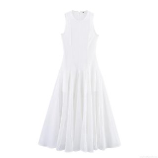 Elegant Women's Sleeveless Ruffle Maxi Dress Round Neck Back Zipper A-Line Polyester Chiffon Solid Color Summer Casual Vacation Party Long Dress