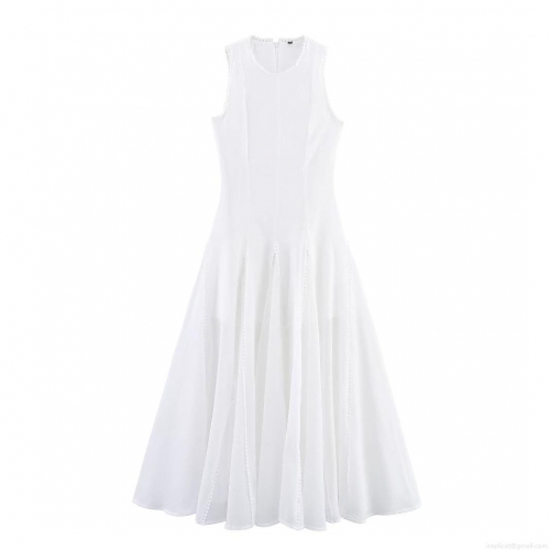 Elegant Women's Sleeveless Ruffle Maxi Dress Round Neck Back Zipper A-Line Polyester Chiffon Solid Color Summer Casual Vacation Party Long Dress