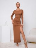 Women's Sexy Backless Bodycon Maxi Dress Long Sleeve High Slit Knit Dress 95% Polyester 5% Elastane Solid Color Caramel Brown Evening Party Club Wear