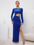 Women Royal Blue Velvet Maxi Dress Long Sleeve Waist Cutout High Slit Sexy Bodycon Party Clubwear Evening Gown Slim Fit Elegant Solid Color Night Out Special Occasion Gown
