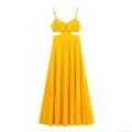 Women's Sexy Pleated Maxi Dress Spaghetti Strap Backless Cutout V-Neck Solid Color Yellow Polyester Long Party Evening Dress Streetwear Summer