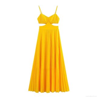 Women's Sexy Pleated Maxi Dress Spaghetti Strap Backless Cutout V-Neck Solid Color Yellow Polyester Long Party Evening Dress Streetwear Summer