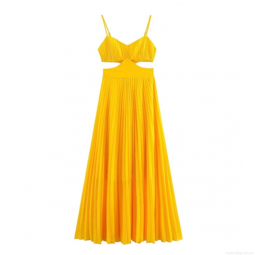 Women's Sexy Pleated Maxi Dress Spaghetti Strap Backless Cutout V-Neck Solid Color Yellow Polyester Long Party Evening Dress Streetwear Summer