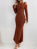 Sexy Hollow Out One Shoulder Long Sleeve Maxi Dress For Women Solid Caramel Brown Ribbed Knitted Slim Fit Hip Wrap Fishtail Evening Party Dress