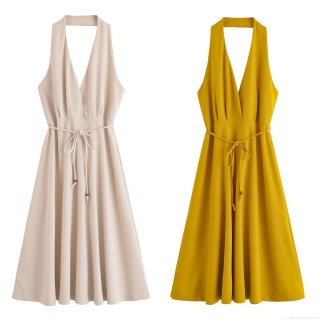 Women's Sexy Backless Halter Neck Maxi Dress Solid Color Lace Up Sleeveless Deep V Neck Dress With Wooden Beads For Summer Party Vacation